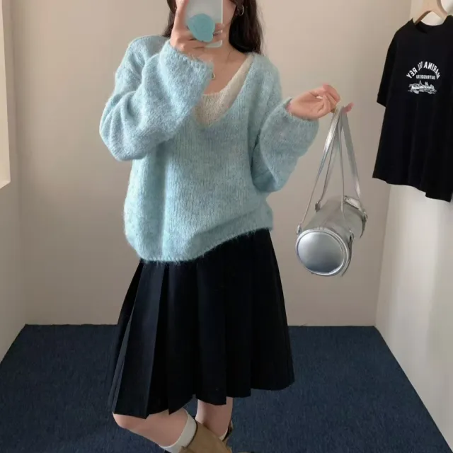 Laid back Preppy Style Fake Two piece Knitted Sweaters Top Blue - Shop at LoveMi