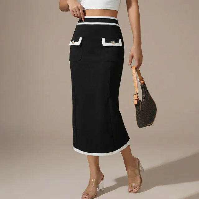 High waisted Figure flattering Color block Pencil Skirt Black - Shop at LoveMi