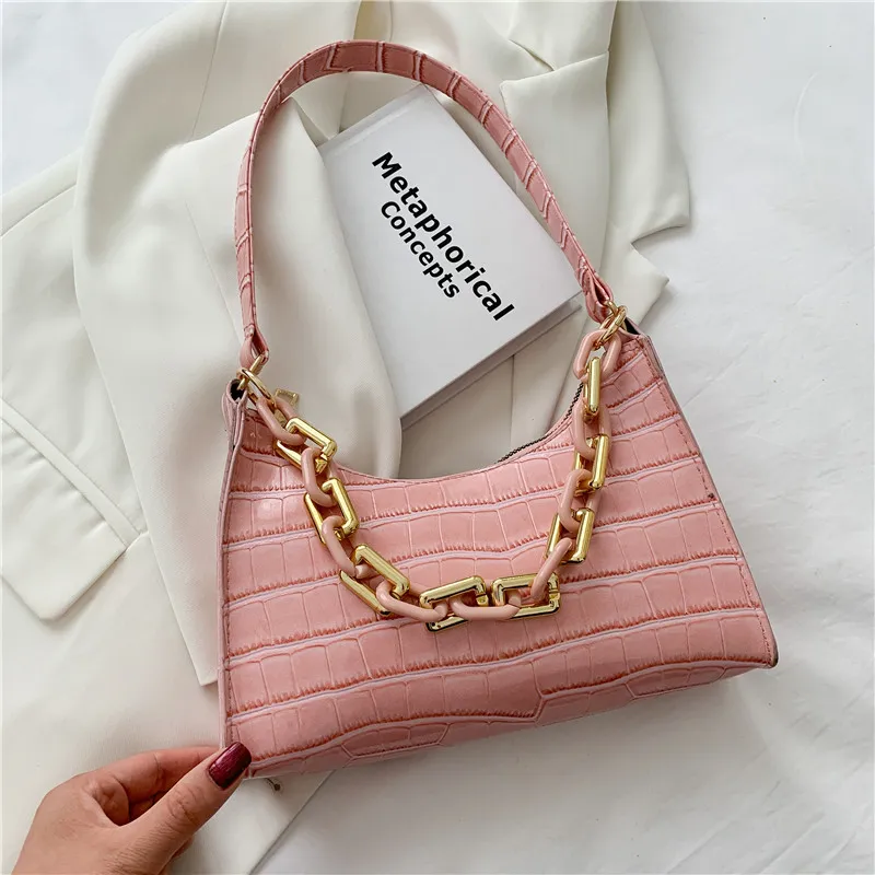 Fashion Stone Texture Shoulder Bag With Chain Women's Underarm Bag - Pink