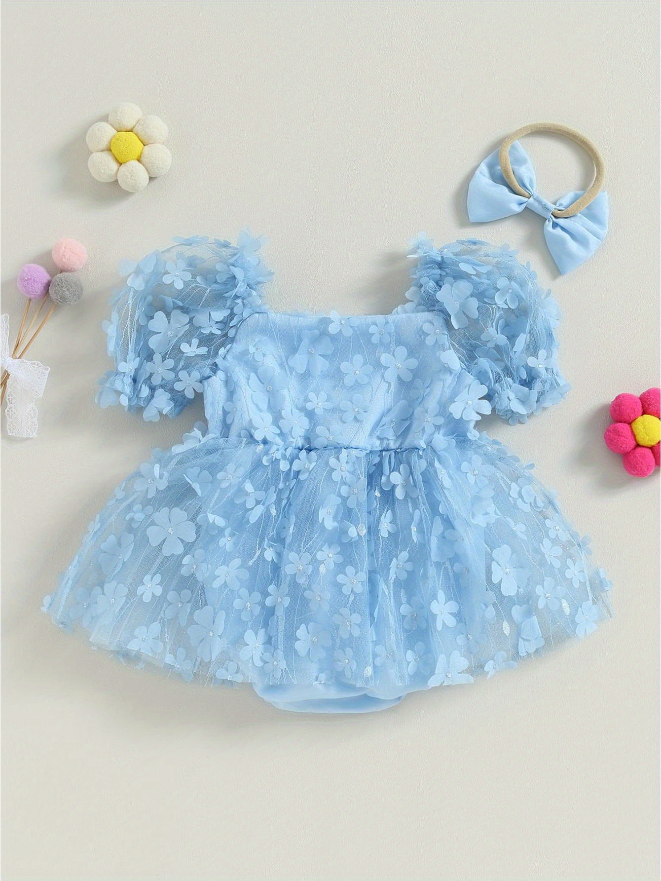 Two-piece Floral Short-sleeve Romper Set For Baby Girls