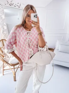 Women's Plaid Rope Long-sleeved Sweater - Pink - View 1