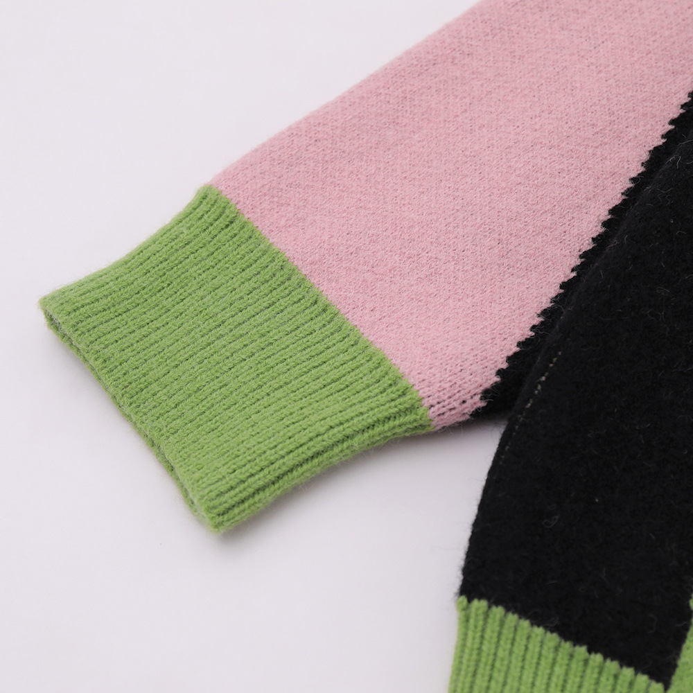 National Fashion Stitching Contrast Color Jacquard Round Neck Sweater
