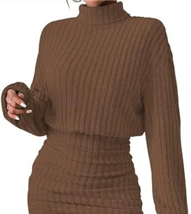 Hug hem Long sleeve Turtleneck Skirt Rib knit Dress Brown - Shop at LoveMi