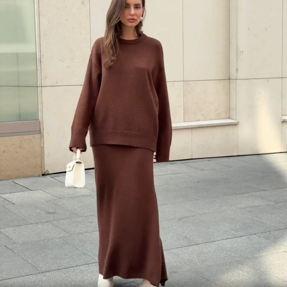 Loose-fit Knit Sweater And Skirt Set