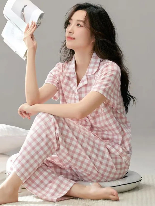 Women's Summer Cotton Short sleeved Japanese Style Plaid Loose fit Plus Size Outfit Suit Pink Plaid - Shop at LoveMi