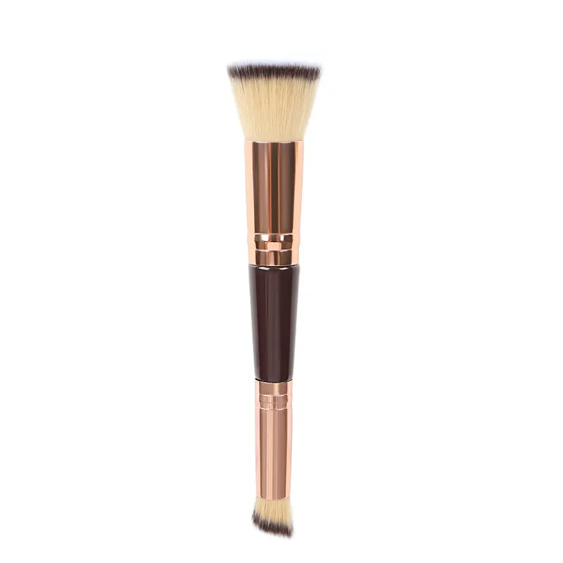 Double-headed Wooden Handle Makeup Flat Head Powder Foundation Brush - Rose Gold