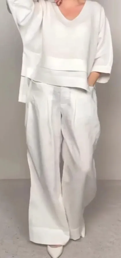 Solid Color Round Neck Long Sleeve Casual Top Straight leg Pants Two piece Set White - Shop at LoveMi