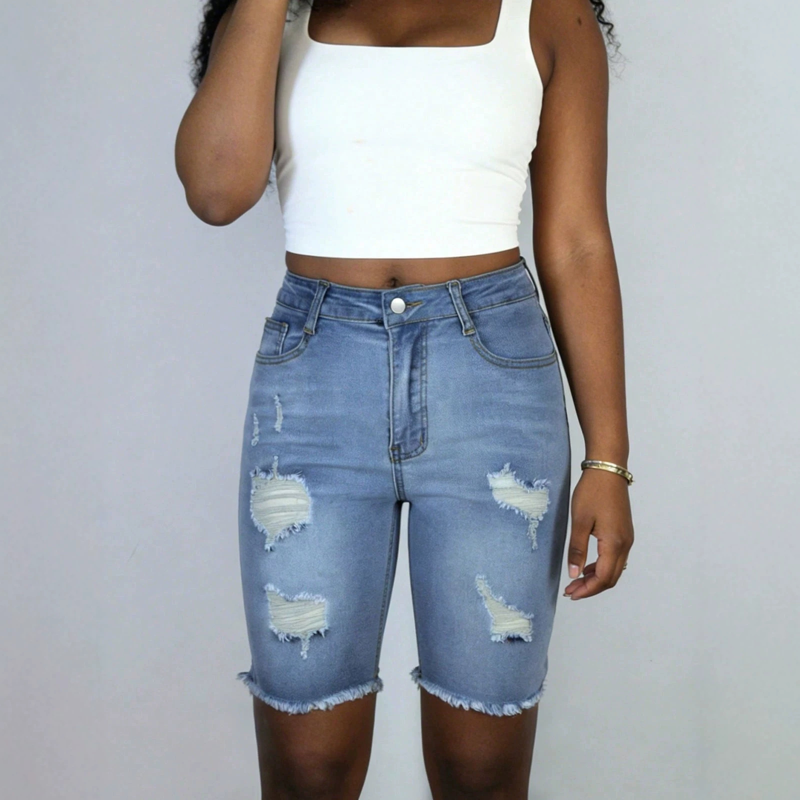 Womens Versatile Ripped Denim Shorts