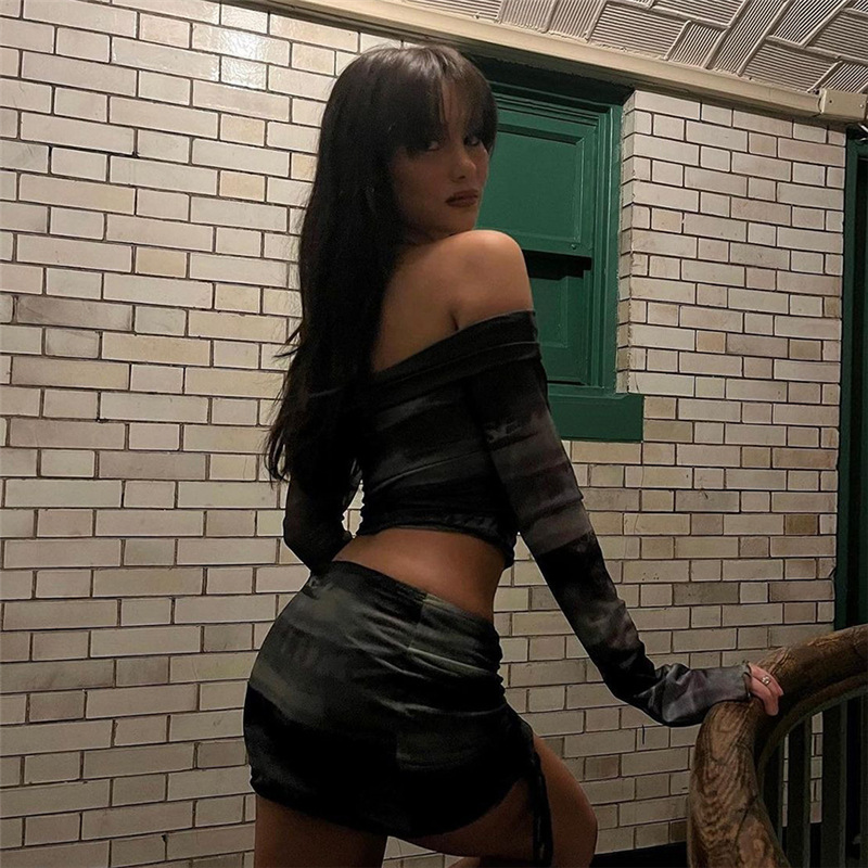 New Long-sleeved Off-shoulder Slim-fit Printed T-shirt High Waist Drawstring Sheath Dress Suit