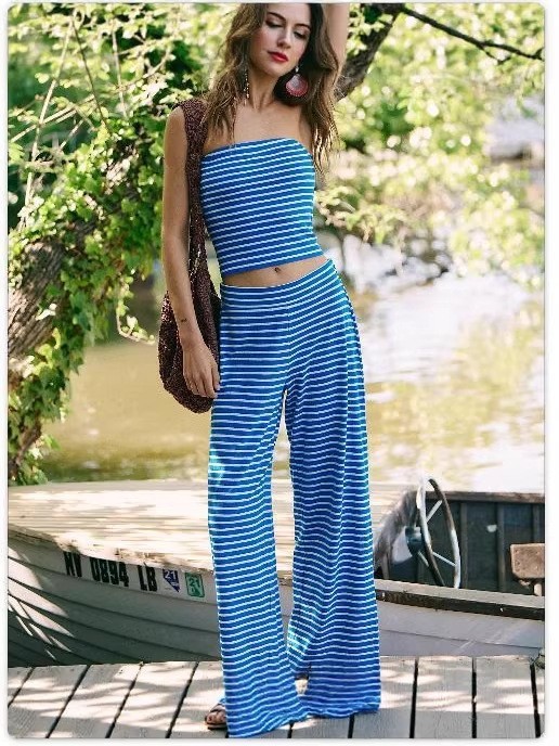 Women's Striped Tube Top Pants Set in Blue – Styled View