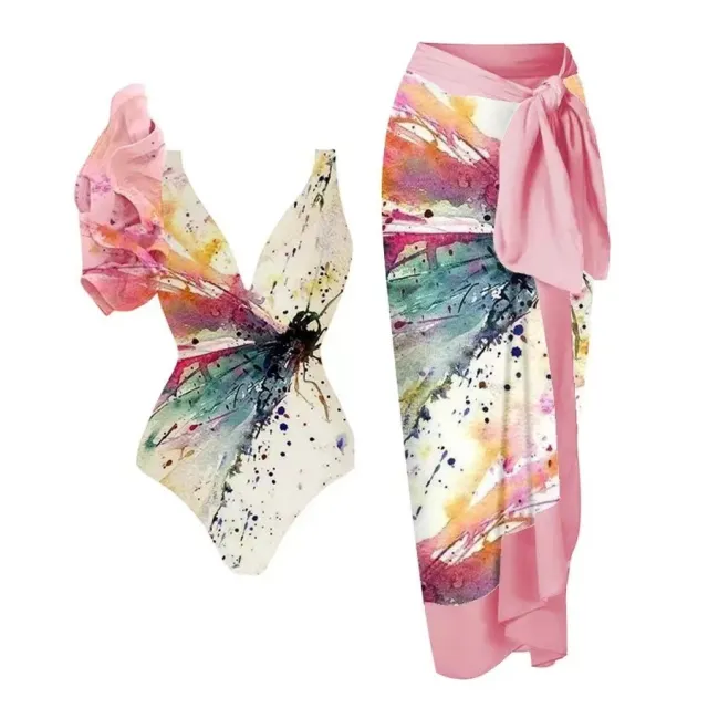 Ladies' Conservative Tummy Hiding Chiffon One piece Swimsuit Bikini Suit 046 Pink Suit - Shop at LoveMi
