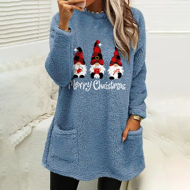 Christmas Letter Printing Round Neck Loose Long Sleeves Pocket Fleece Sweatshirt Blue - Shop at LoveMi