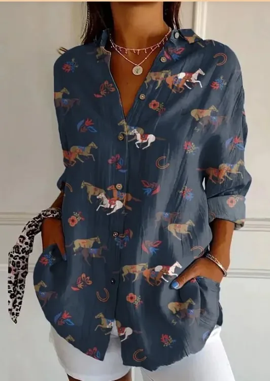 Fashion Shirt Printing Lapel Long Sleeve Women Xjq6956Nb1L M - Shop at LoveMi