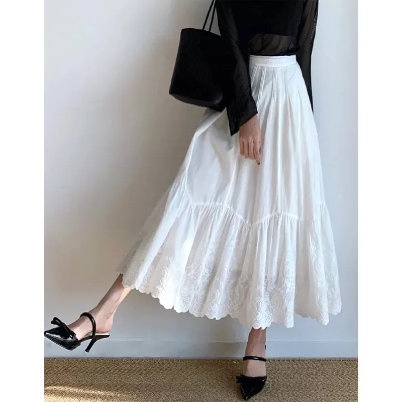 Women's French-style Embroidered White Skirt - White Skirt