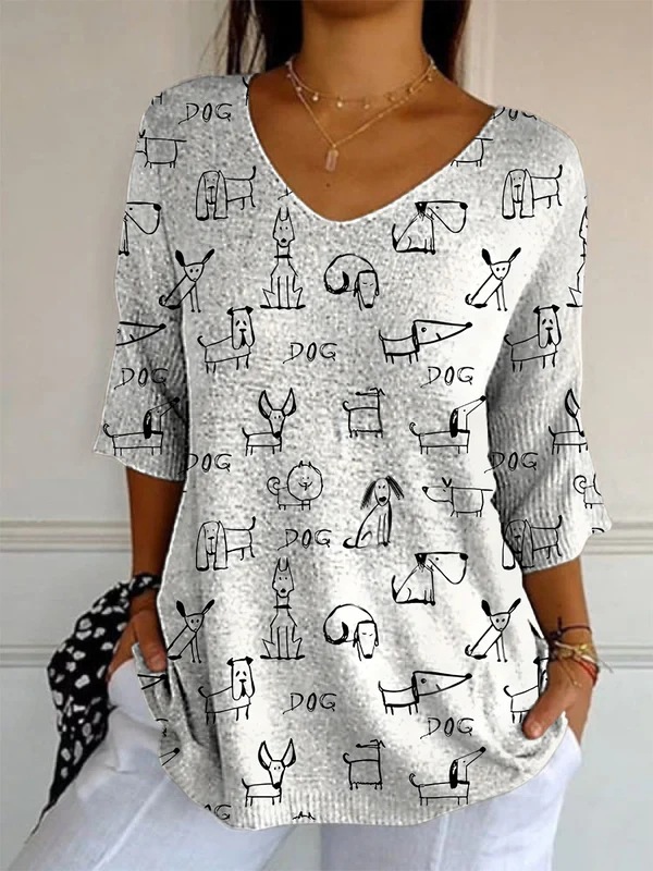 Elegant Retro Womens Casual Floral Print V-Neck Long-Sleeve Top