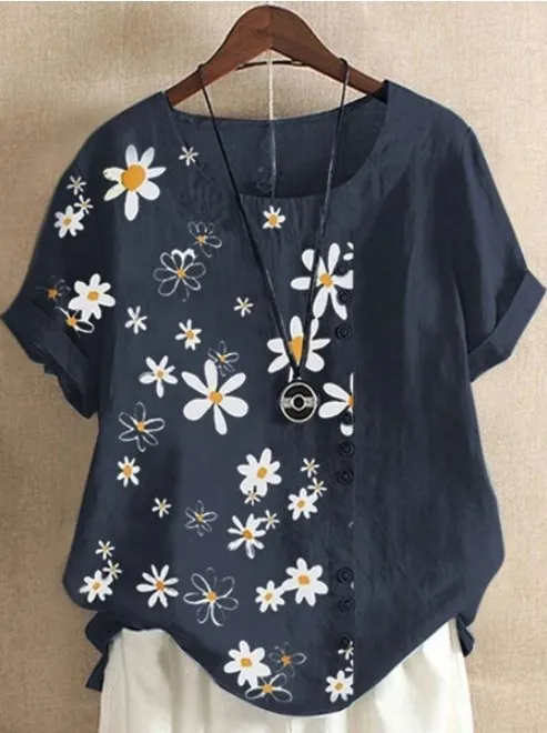Vintage Cotton Linen Daisy Loose Casual Shirt Short Sleeve Women Blue - Shop at LoveMi