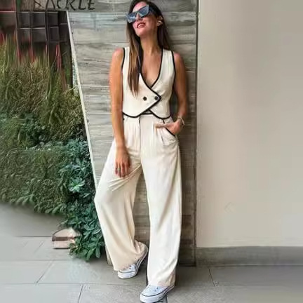 Women's Black Edge Color Matching Vest Long High Waist Pants Suit