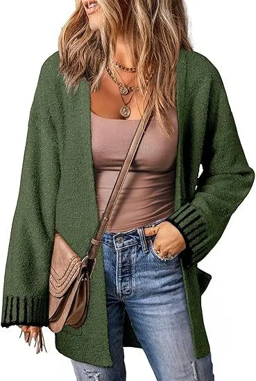 Long Sleeve Color Stitching Knitted Cardigan Pocket Women's Clothing Army Green - Shop at LoveMi