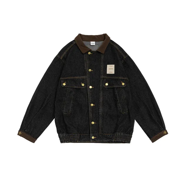 Color Stitching Turnover Neck Profile Pocket Denim Jacket Black - Shop at LoveMi