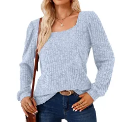 Square Collar Solid Colour Rib Fabric Loose Long-sleeved T-shirt Top For Women - Light Blue - View 1
