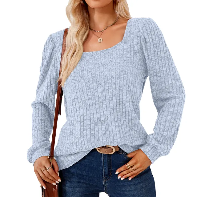 Square Collar Solid Color Rib Fabric Loose Long sleeved T shirt Top For Women Light Blue - Shop at LoveMi