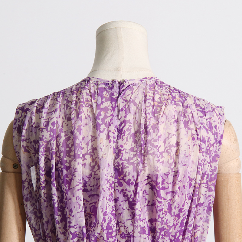 Round Neck Sleeveless High Waist Floral Pleated Wide Hem Flowy Women's Special Dress