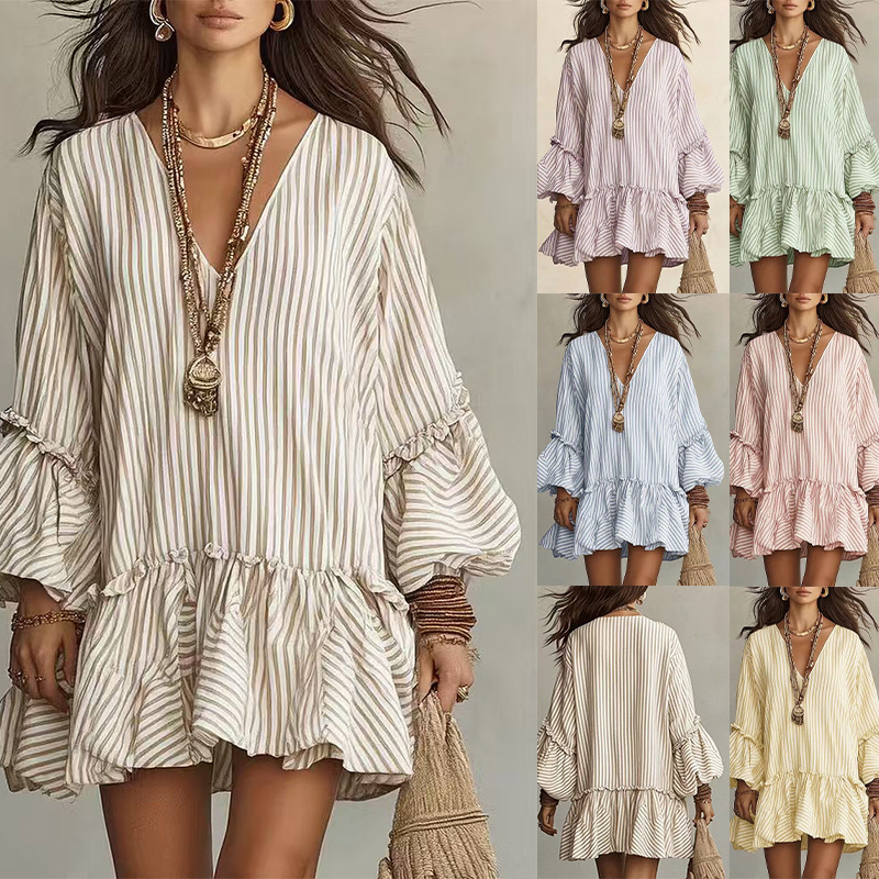 Womens Striped Print V-Neck Long-Sleeve Dress