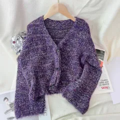 Women's Solid Colour Short Casual Loose Knit Cardigan - Purple - View 1