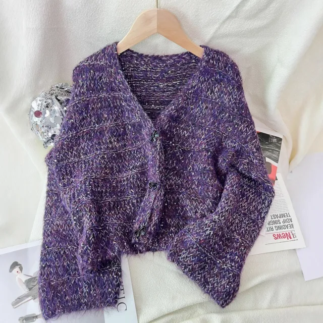 Women's Solid Color Short Casual Loose Knit Cardigan Purple - Shop at LoveMi