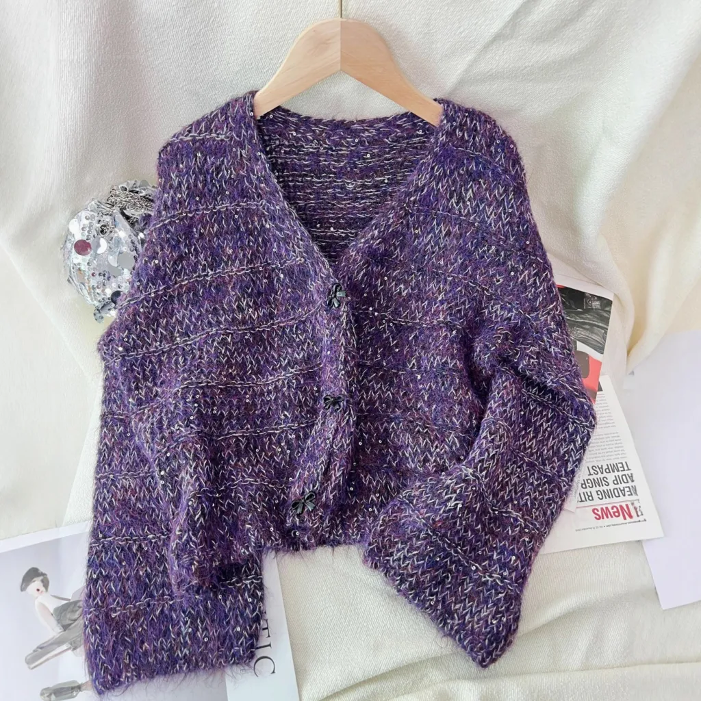 Women's Solid Color Short Casual Loose Knit Cardigan - Purple