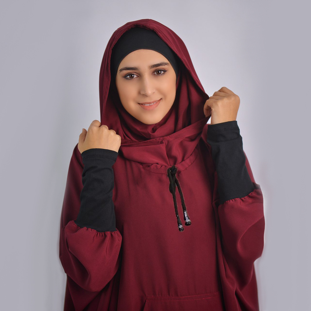 Middle East Arabic Solid Color Hooded Drawstring Pocket Two piece Sports Suit Wine Red - Shop at LoveMi