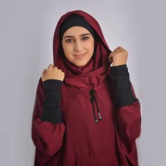 Middle East Arabic Solid Color Hooded Drawstring Pocket Two-piece Sports Suit - Wine Red - View 1