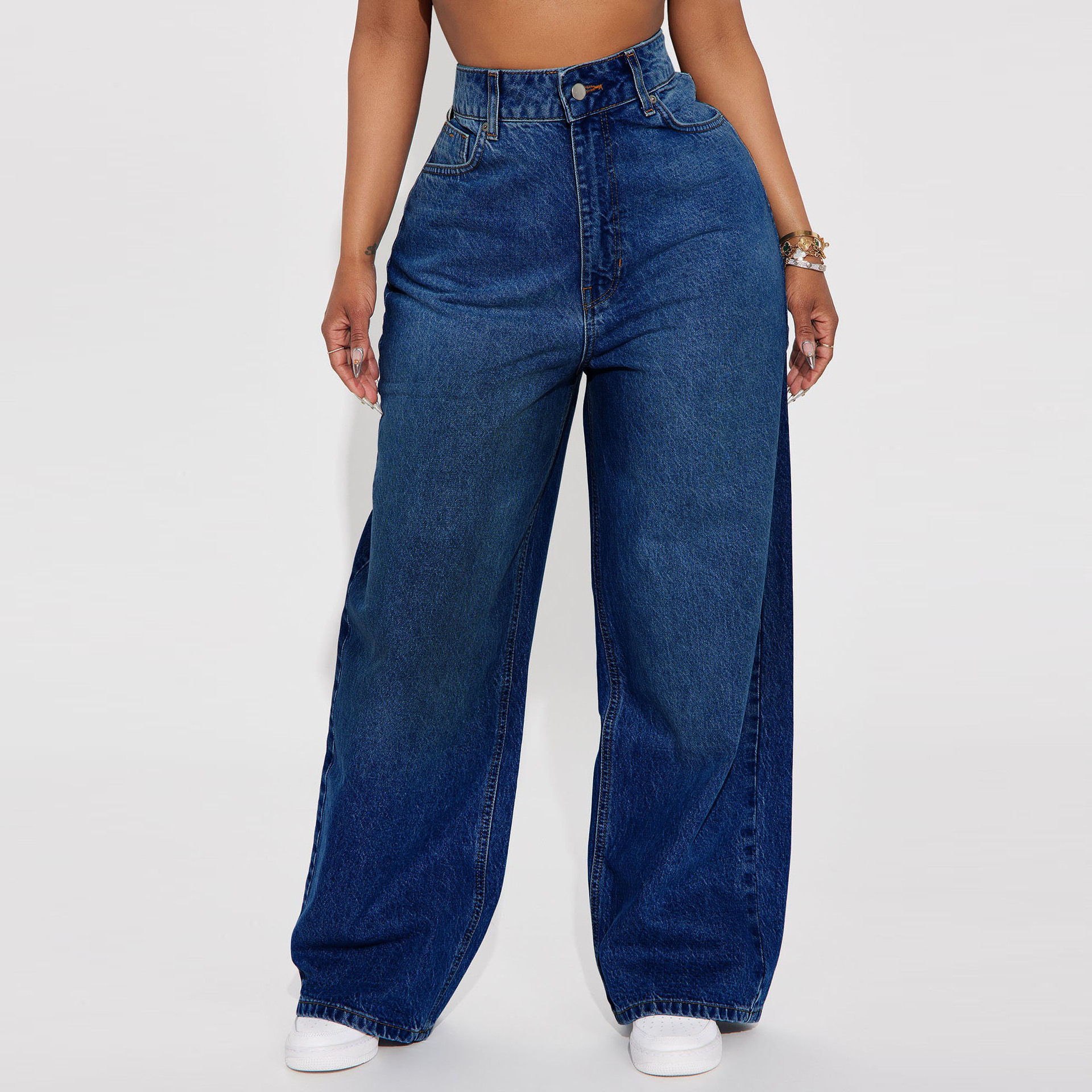 High-waisted Dark-blue Wide-leg Floor-length Jeans