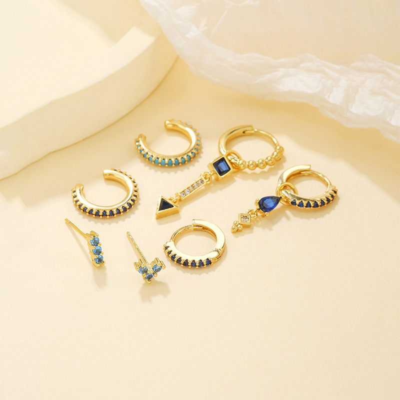 Geometric Water Drop Ink Blue Zircon Earrings 7-piece Set