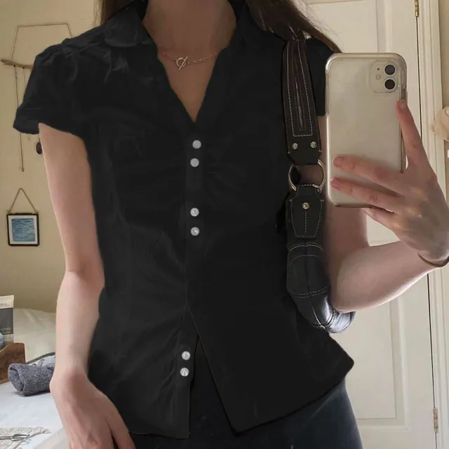 Summer Women's Pleated Casual Breasted Solid Color Back Lace up Short Sleeve Shirt Black - Shop at LoveMi