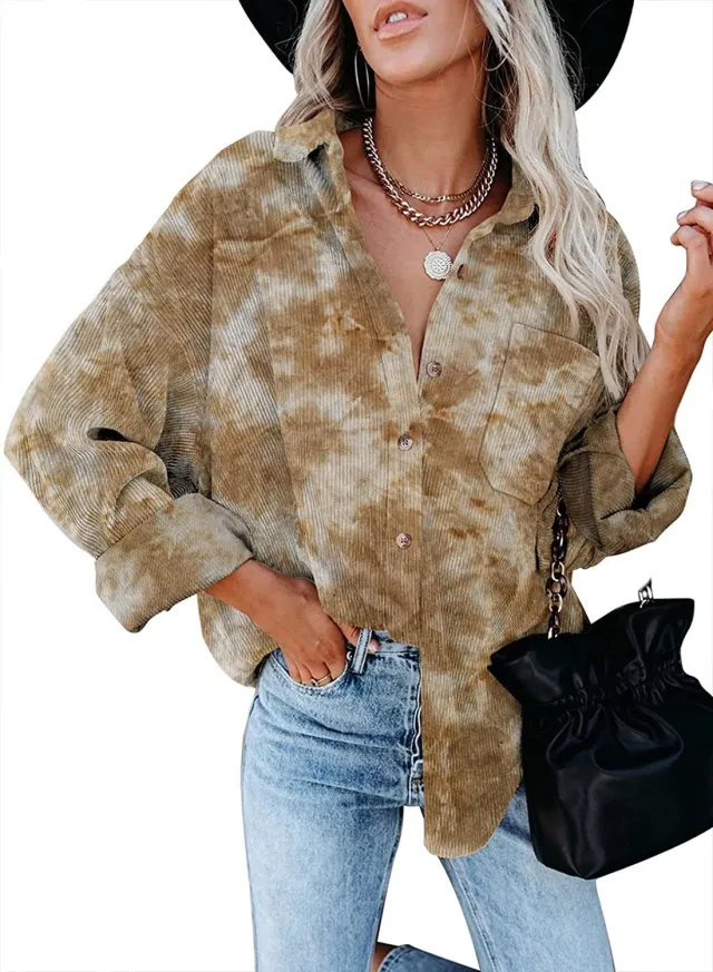 Corduroy Digital Printing Long Sleeve Buckle Loose Oversized Shirt Brown - Shop at LoveMi