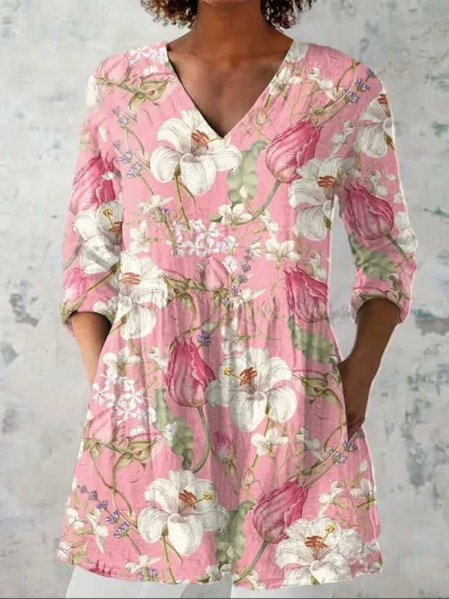 Women's Retro Slim Fit Printed Long-sleeved Top - 5Style-4Xl