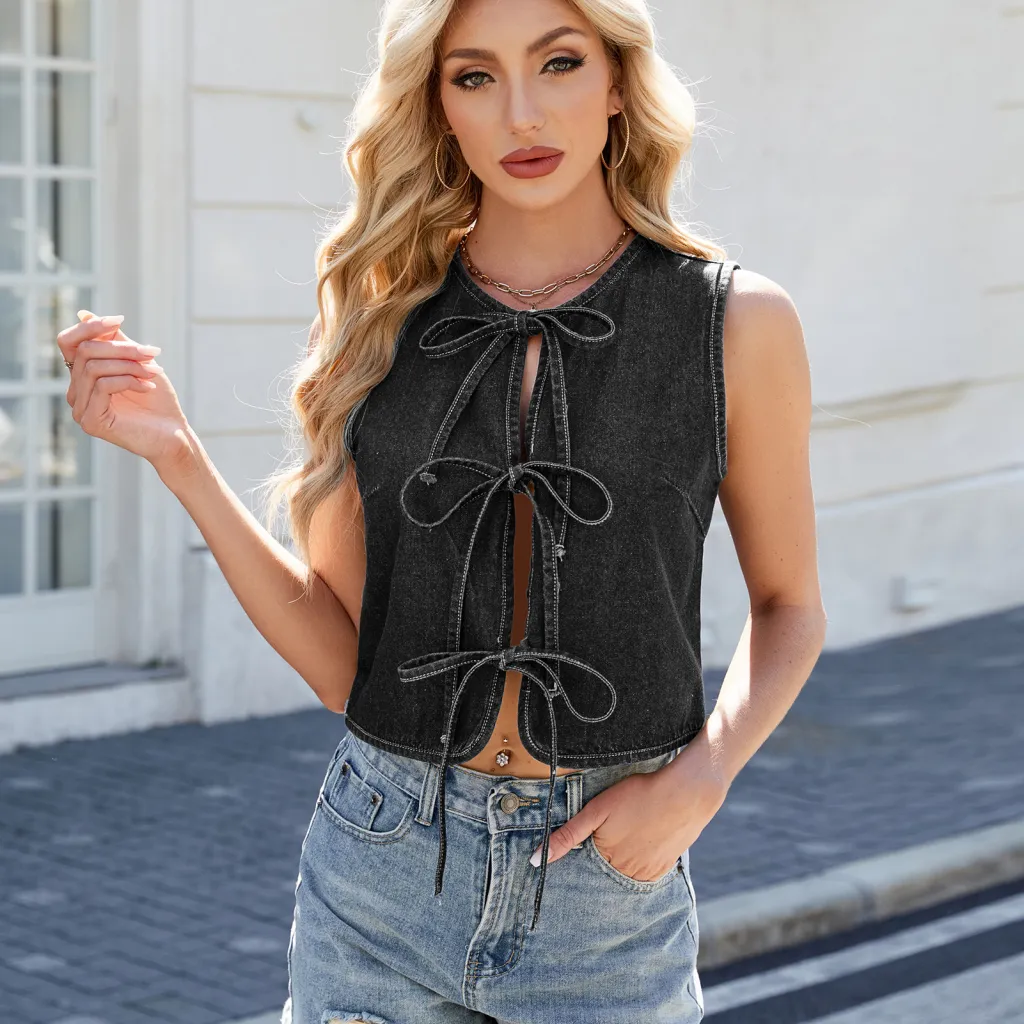 Y2K Bow-tied Denim Vest INS Fashion Summer Sleeveless Tanks Top For Women Clothing - Gray