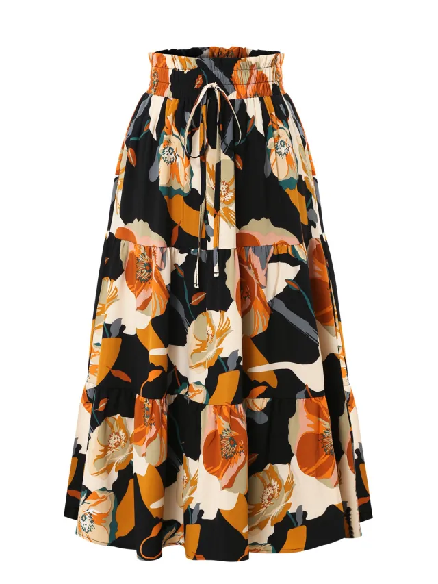 Women's Pleated Floral Print Elastic Waist Skirt Black - Shop at LoveMi