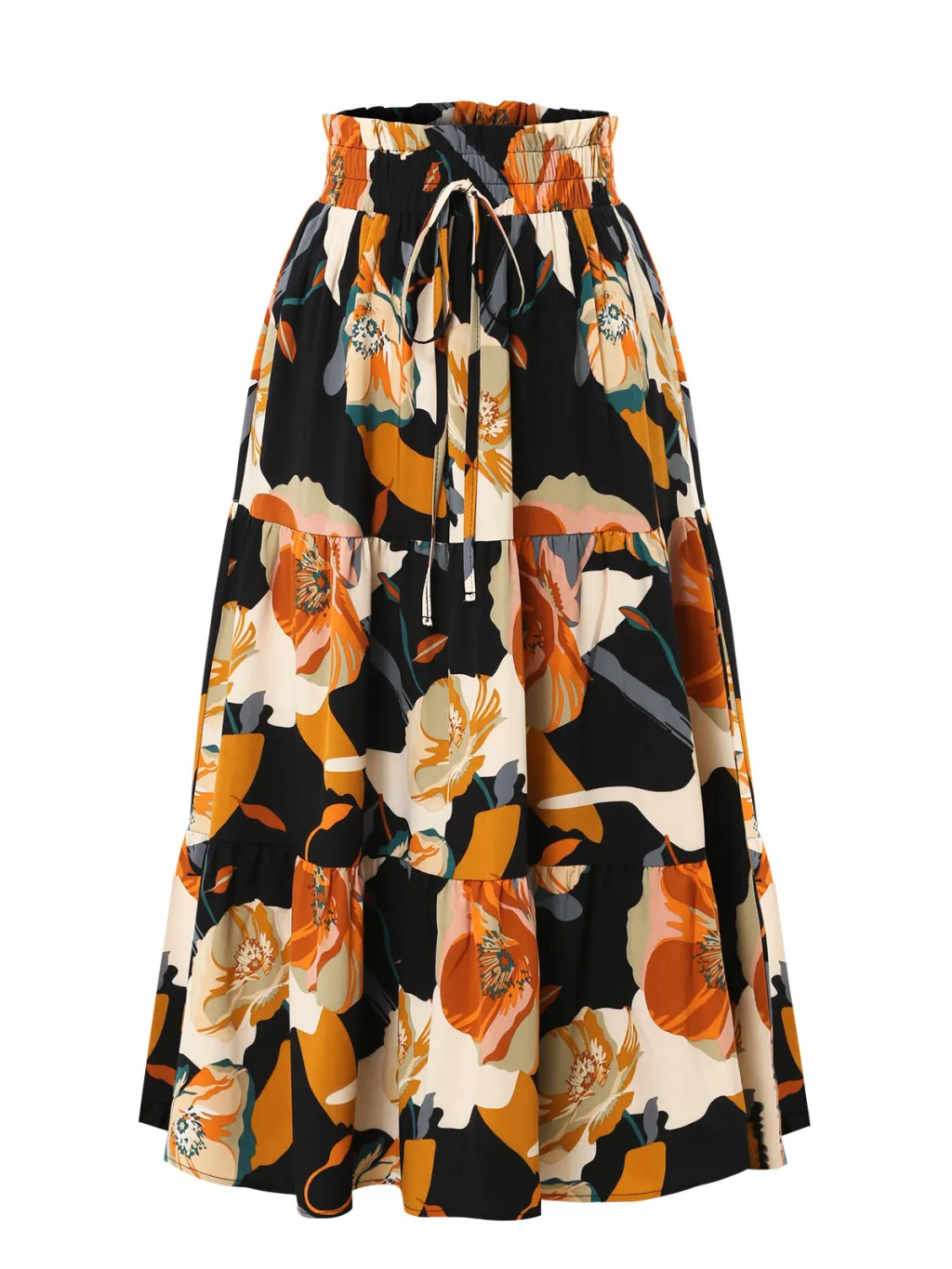 Women's Pleated Floral Print Elastic Waist Skirt - Black