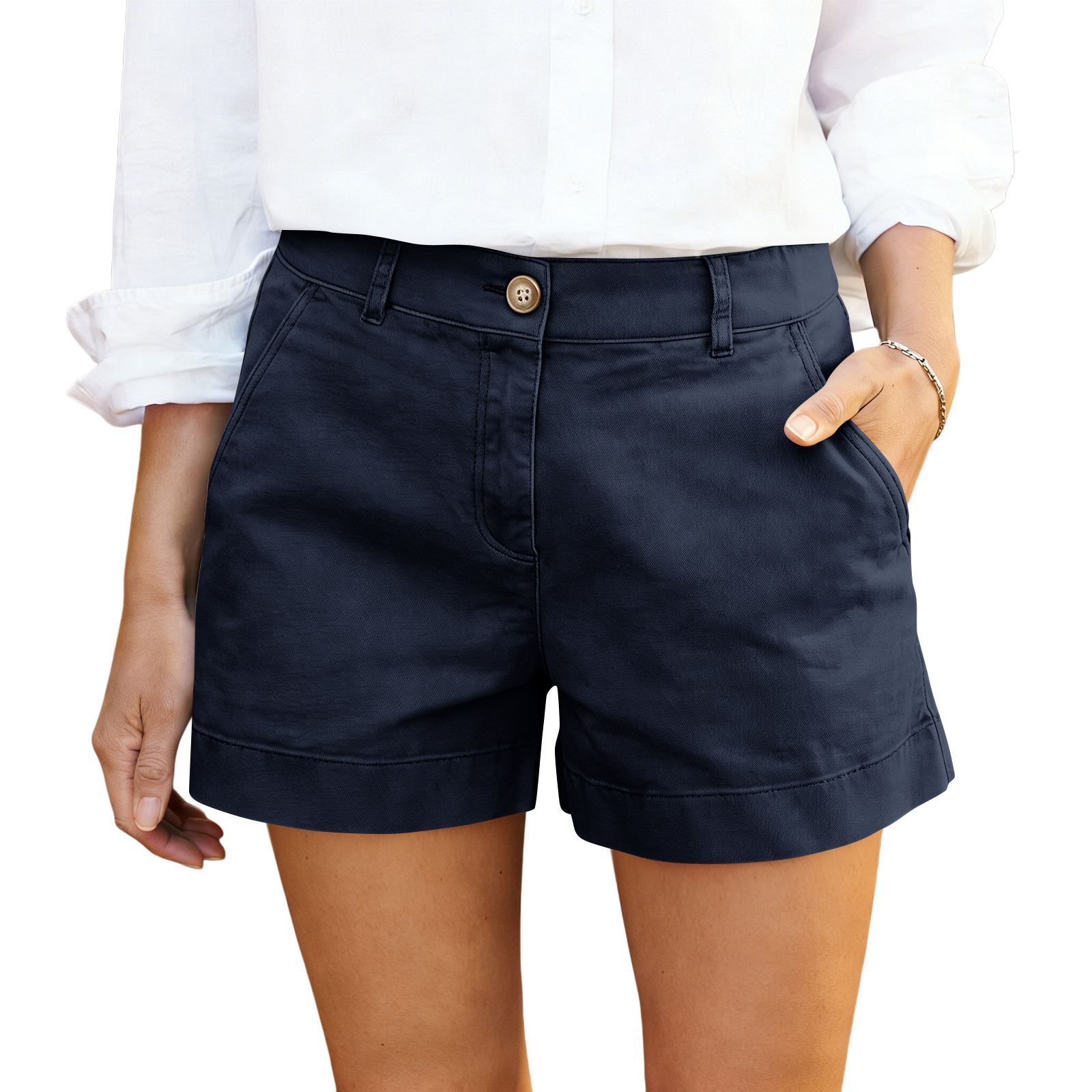 Women's High-Waisted Twill Bermuda Shorts in Brick Red – casual solid color commuter style