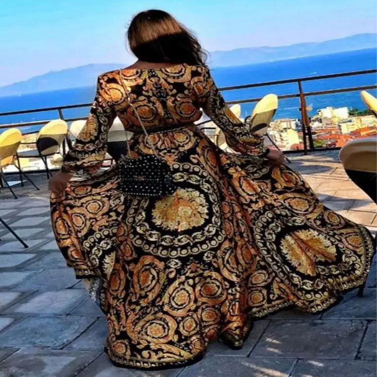 In Stock Vintage Printed Dress V-neck Pullover Retro Style Long Sleeve