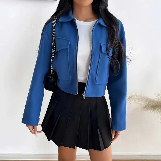 Women's Fashion Solid Color Short Autumn And Winter Long sleeve Zipper Jacket Blue - Shop at LoveMi