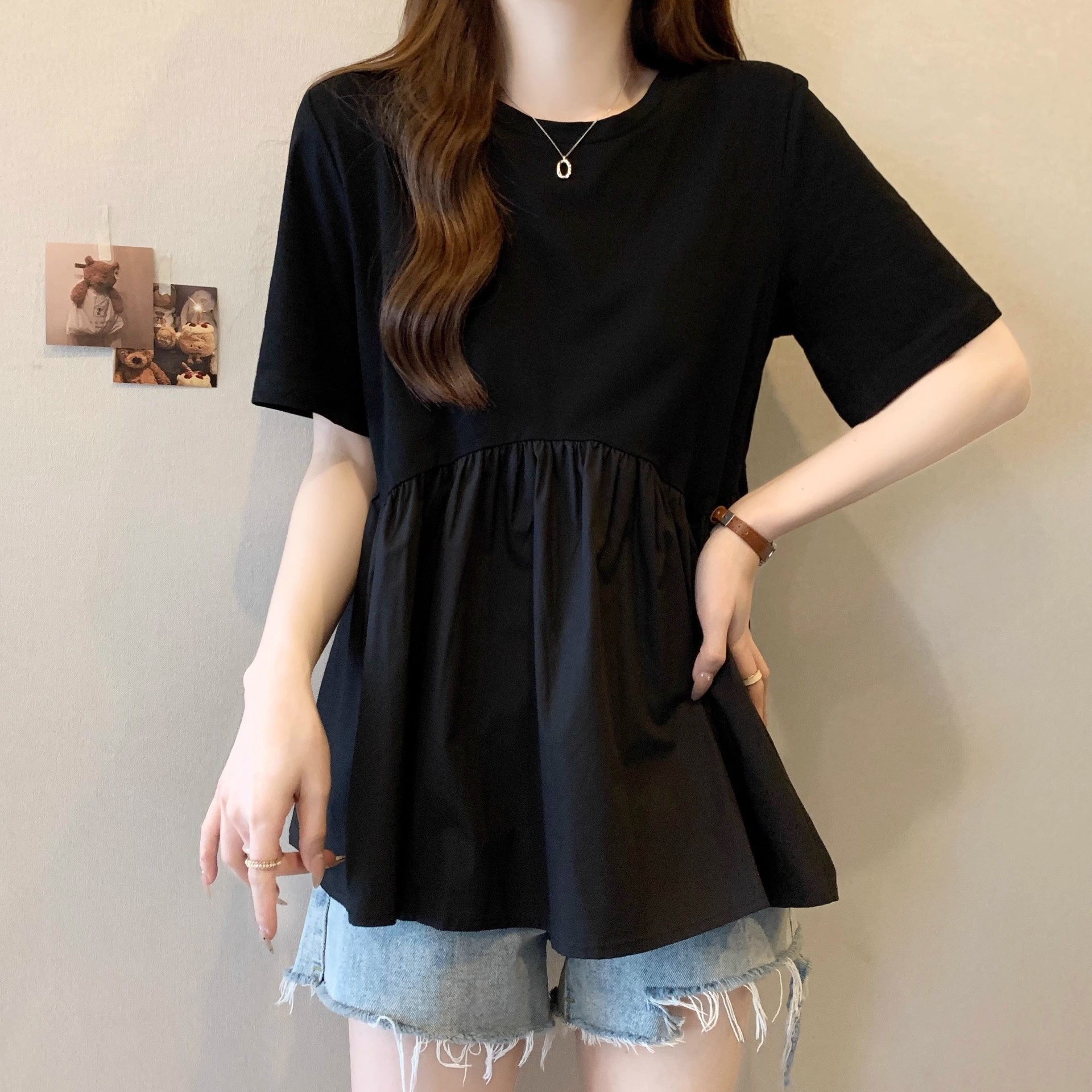 Plus-size Womens Black Doll Shirt Short-sleeve T-shirt