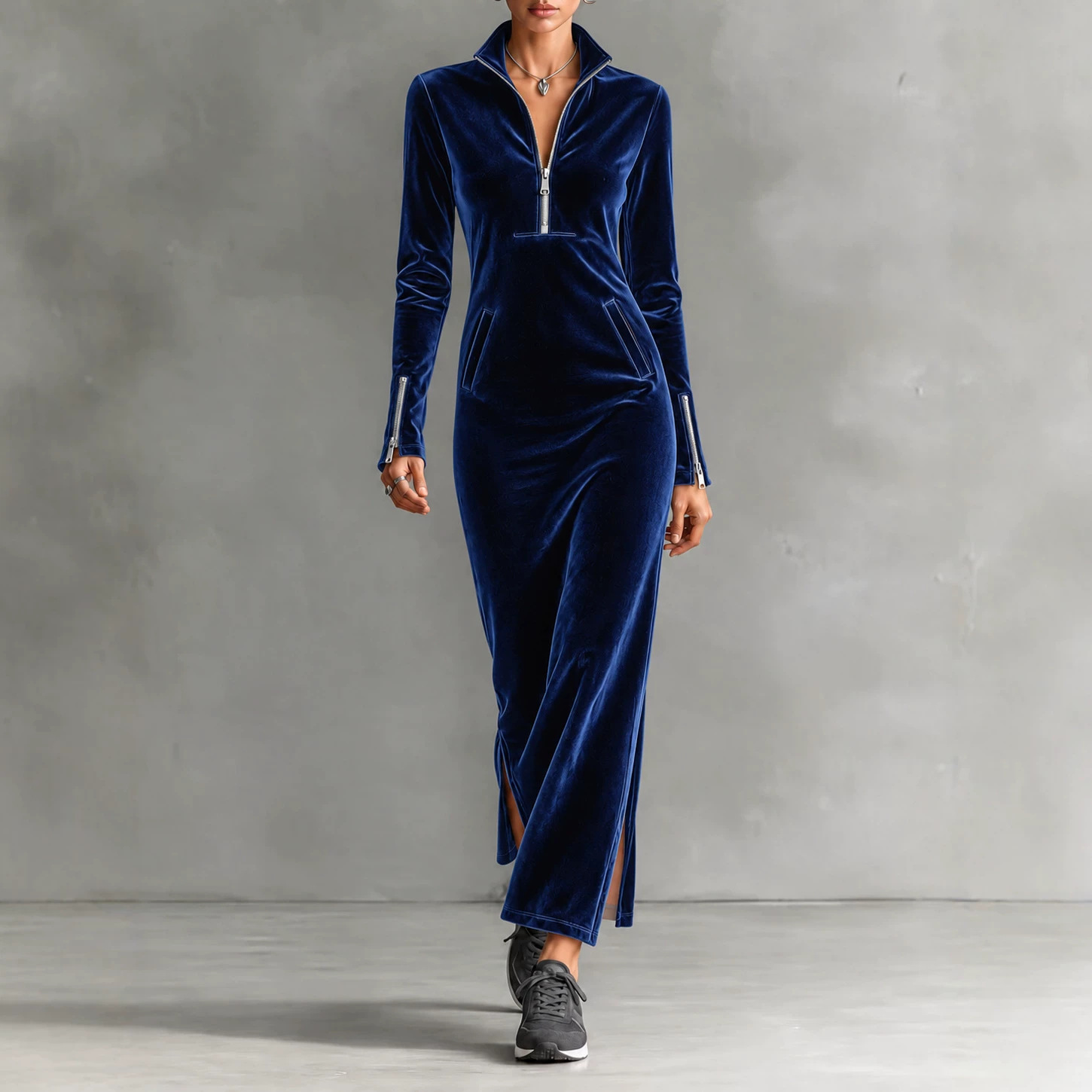 Rochie cu mânecă lungă cu decolteu semi-zip pentru femei