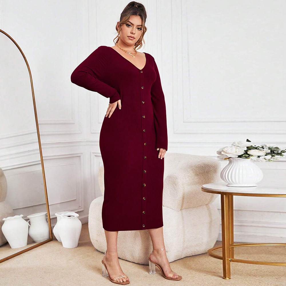 Slim Fit Hip Knitwear V-neck Long Dress