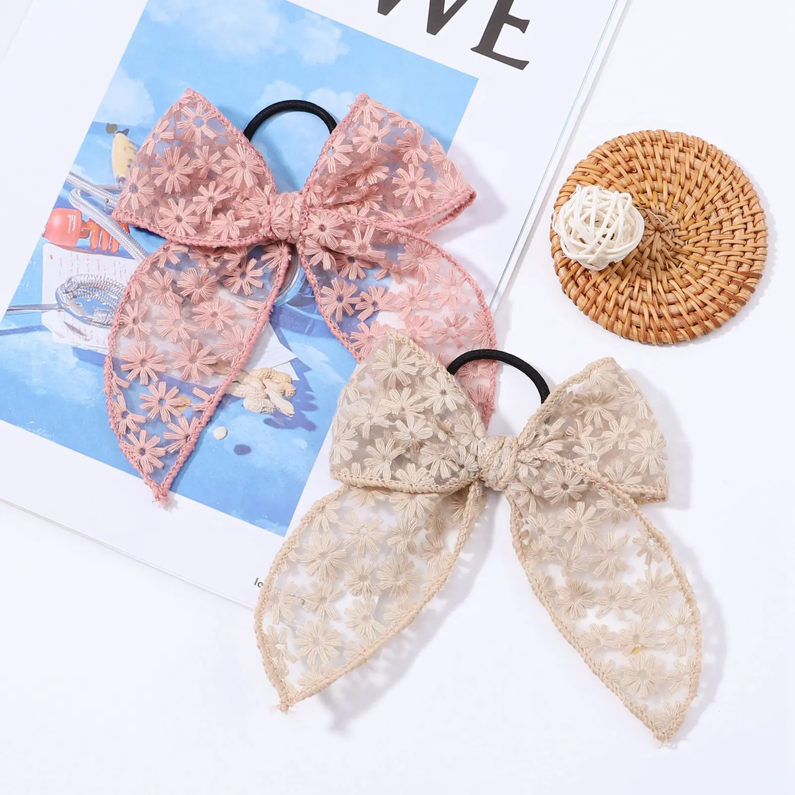 Embroidered Printed Bowknot Hair Ring Simple Lace