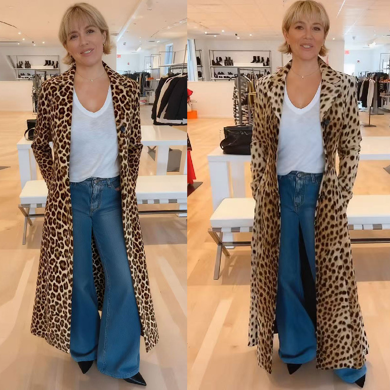 Leopard-print Casual Loose Blazer-style Cardigan Long Coat Trench Coat For Women