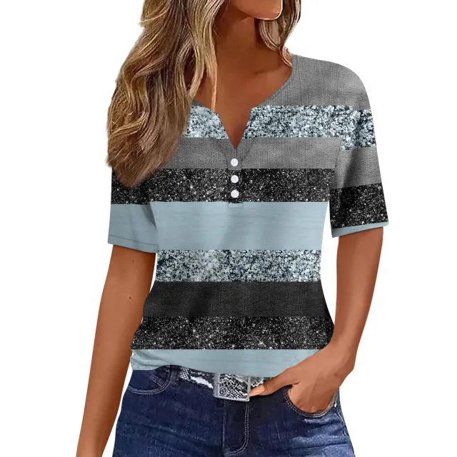 V neck Three button Printed Short sleeved European And American Top Zclss438109 M - Shop at LoveMi