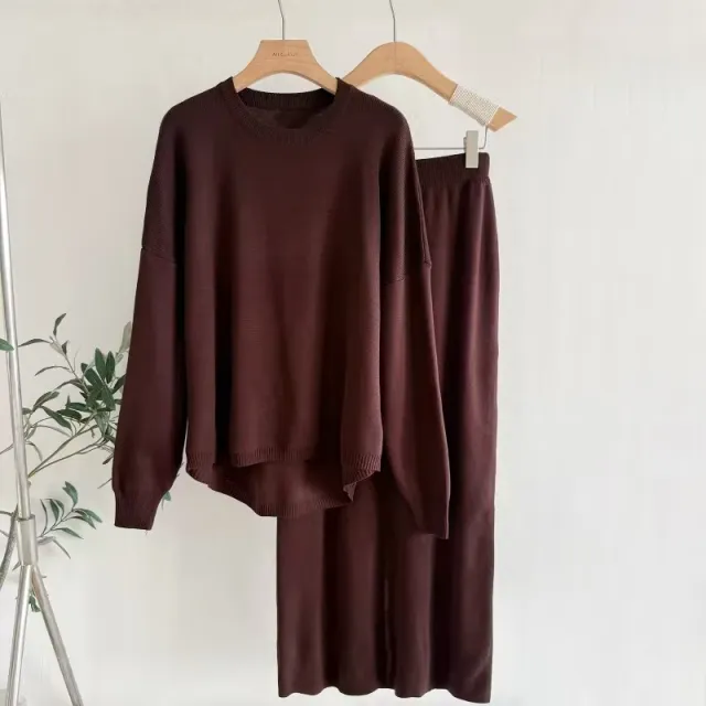 Women's Wear AutumnWinter Solid Color Simple Long Sleeve Fashionable Casual Knitted Set Brown - Shop at LoveMi